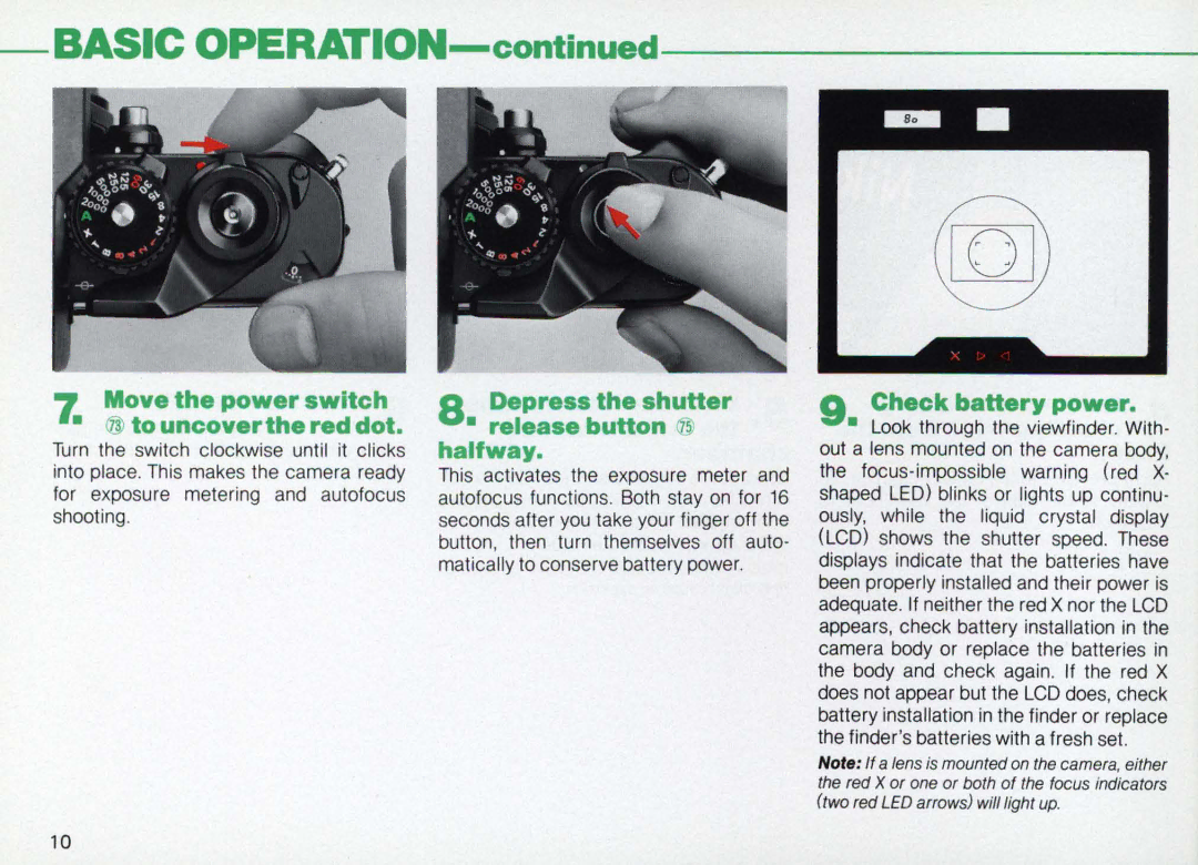 Nikon F3AF instruction manual Move the power switch, Depress the shutter Release button @ halfway, Check battery power 