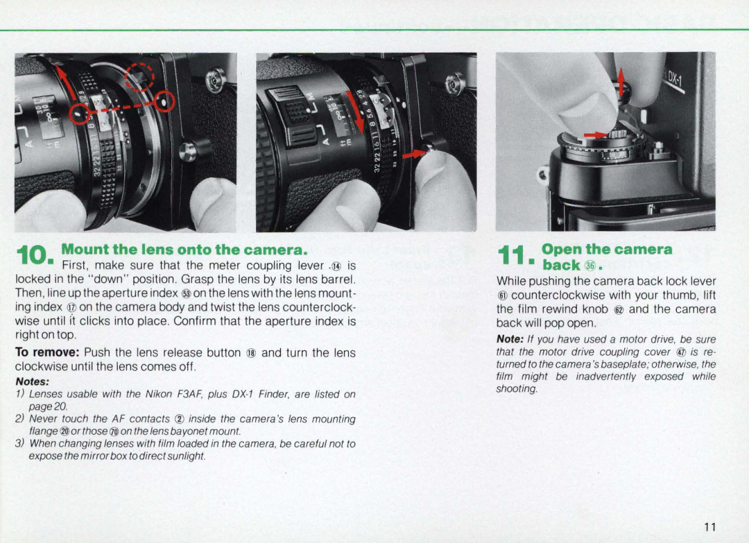 Nikon F3AF instruction manual Mount the lens onto the camera, Open the camera Back 