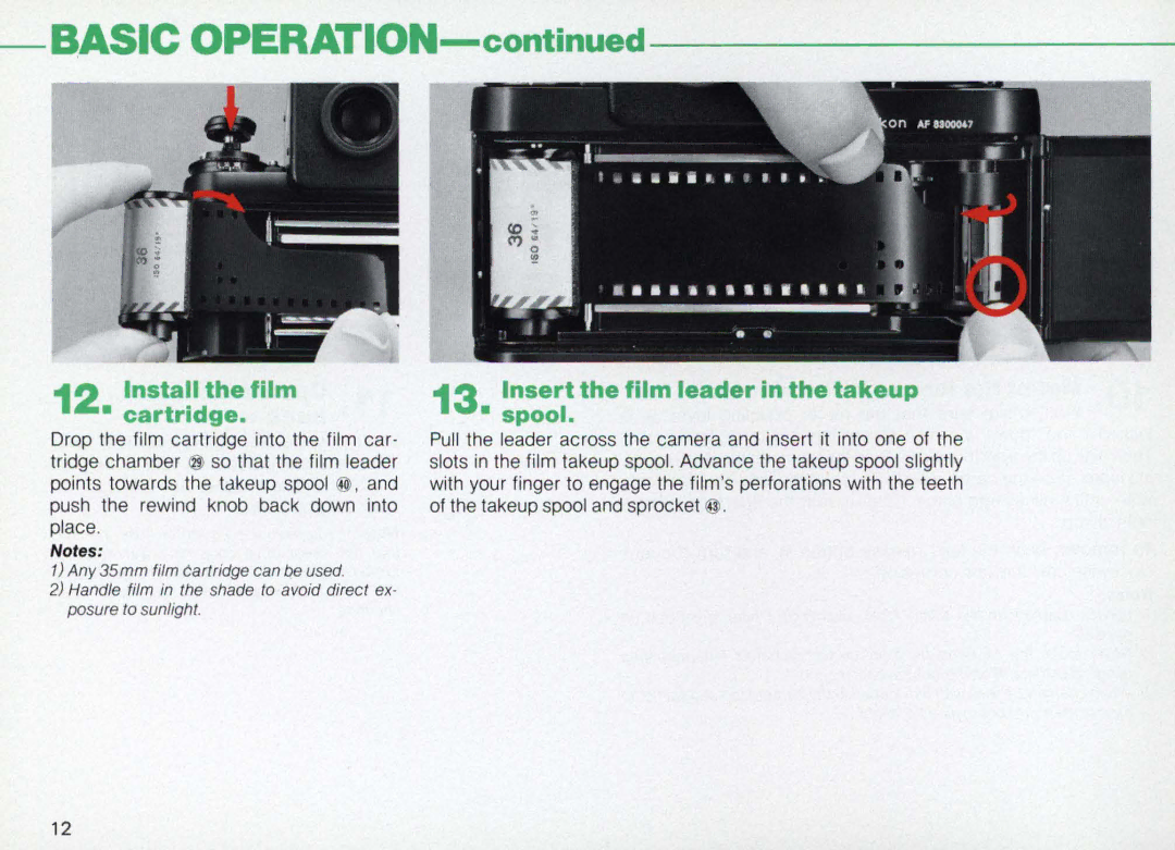 Nikon F3AF instruction manual Install the film Cartridge, Insert the film leader in the takeup Spool 