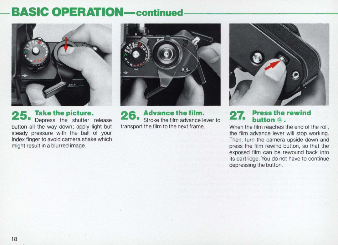 Nikon F3AF instruction manual Take the picture, Advance the film, Press the rewind button 