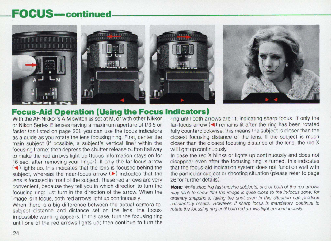 Nikon F3AF instruction manual Focus-Aid Operation Using the Focus Indicators 