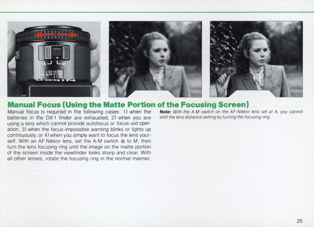 Nikon F3AF instruction manual Manual Focus Using the Matte Portion of the Focusing Screen 