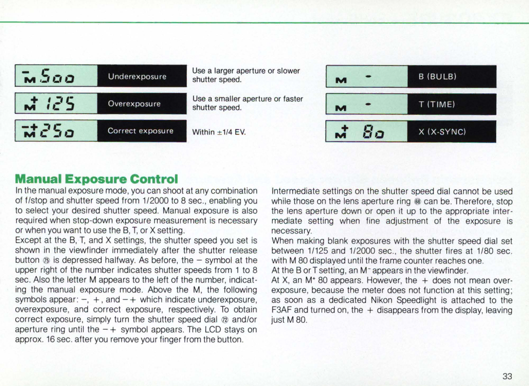 Nikon F3AF instruction manual + , ~S, Manual Exposure Control 