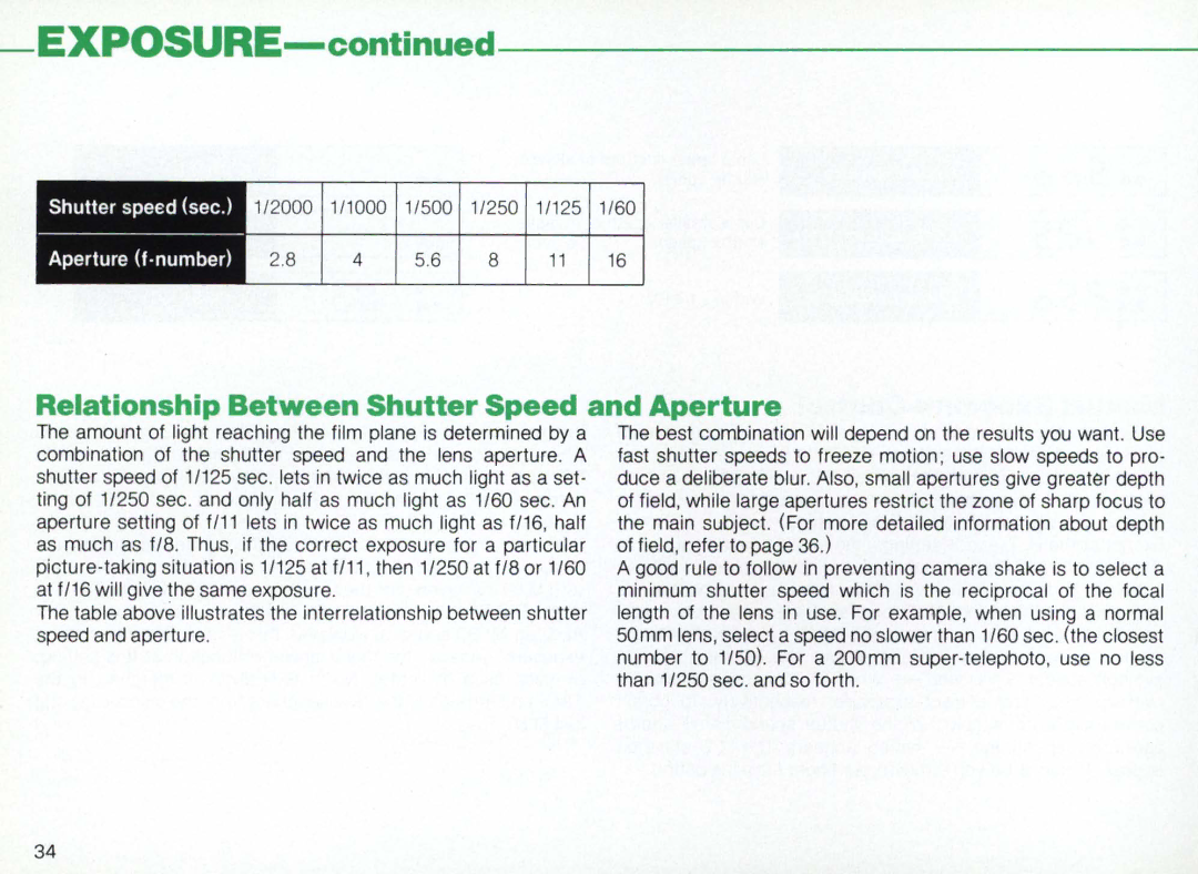 Nikon F3AF instruction manual Relationship Between Shutter Speed and Aperture 