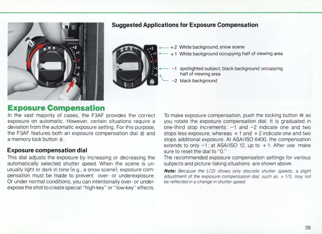 Nikon F3AF instruction manual Suggested Applications for Exposure Compensation, Exposure compensation dial 