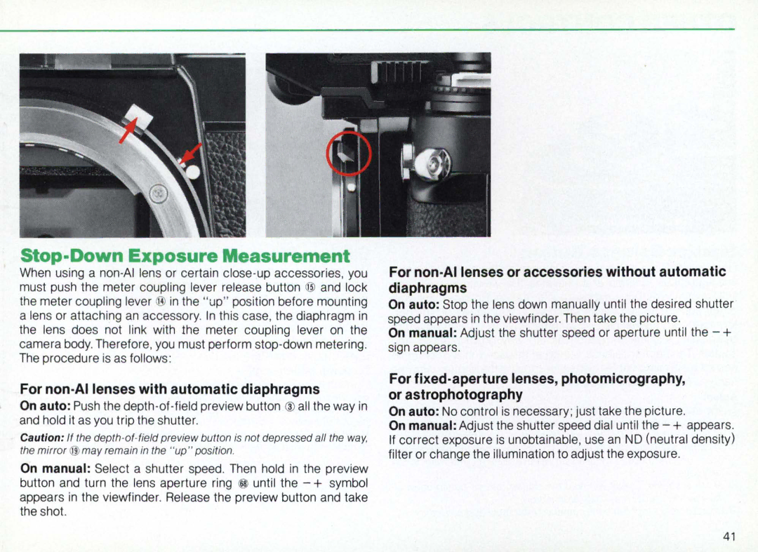 Nikon F3AF instruction manual Stop-Down Exposure Measurement, For non·Allenses with automatic diaphragms 