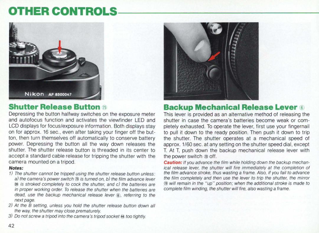 Nikon F3AF instruction manual Shutter Release Button, Backup Mechanical Release Lever 