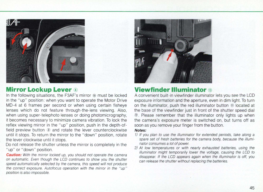 Nikon F3AF instruction manual Mirror Lockup Lever CD, Viewfinder Illuminator 