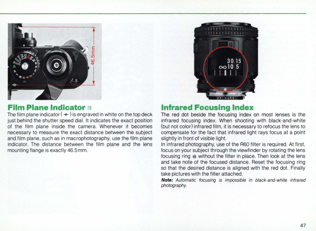 Nikon F3AF instruction manual Film Plane Indicator @, Infrared Focusing Index 