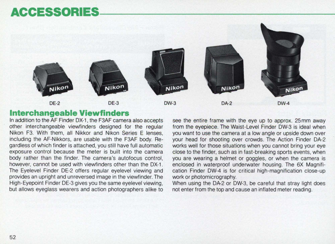 Nikon F3AF instruction manual Accessories, Interchangeable Viewfinders 