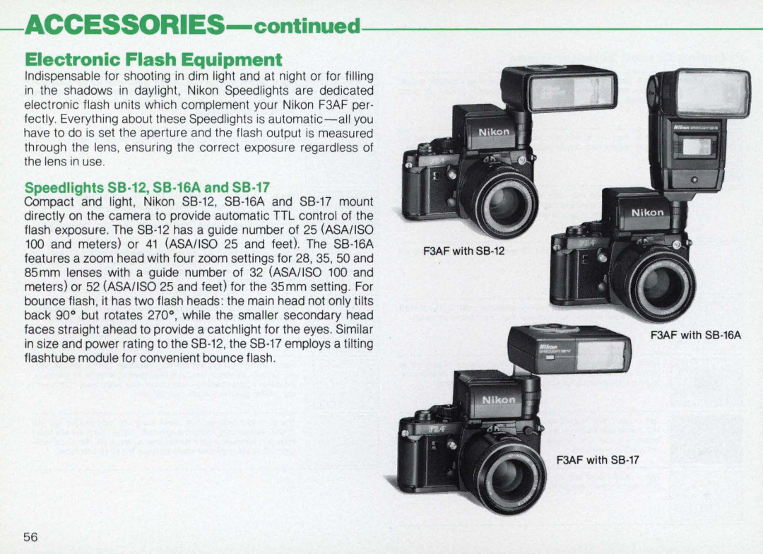 Nikon F3AF instruction manual Electronic Flash Equipment, 5peedlights 5B·12, 5B·16A and 5B·17 