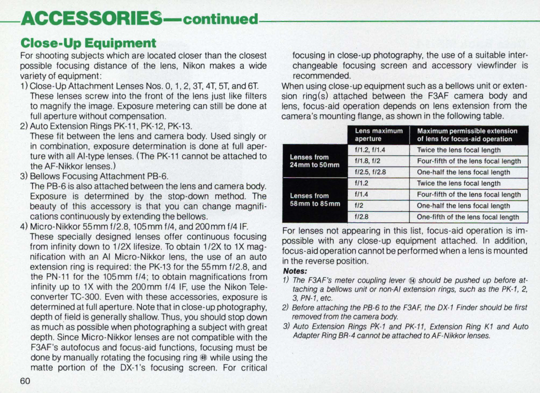 Nikon F3AF instruction manual Close-Up Equipment 