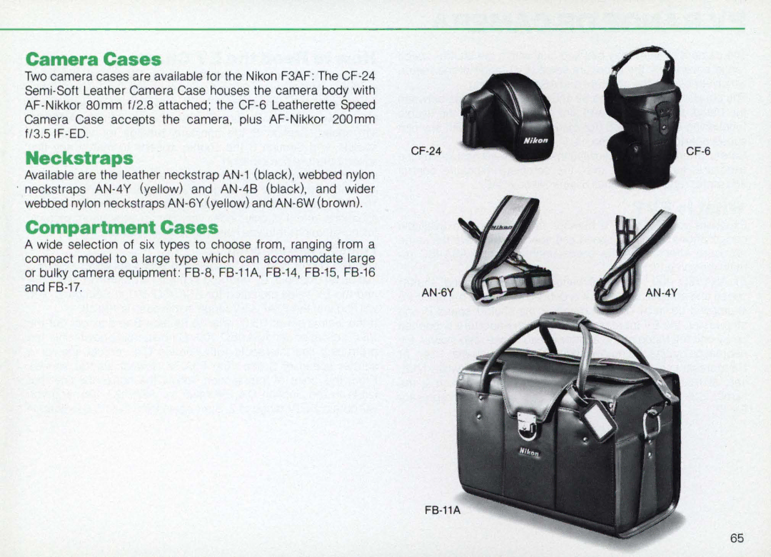 Nikon F3AF instruction manual Camera Cases, Neckstraps, Compartment Cases 