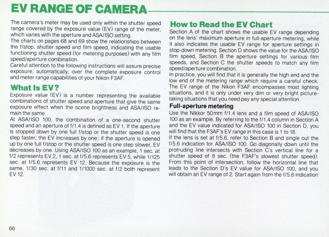 Nikon F3AF instruction manual WhatlsEV?, How to Read the EV Chart, Full-aperture metering 