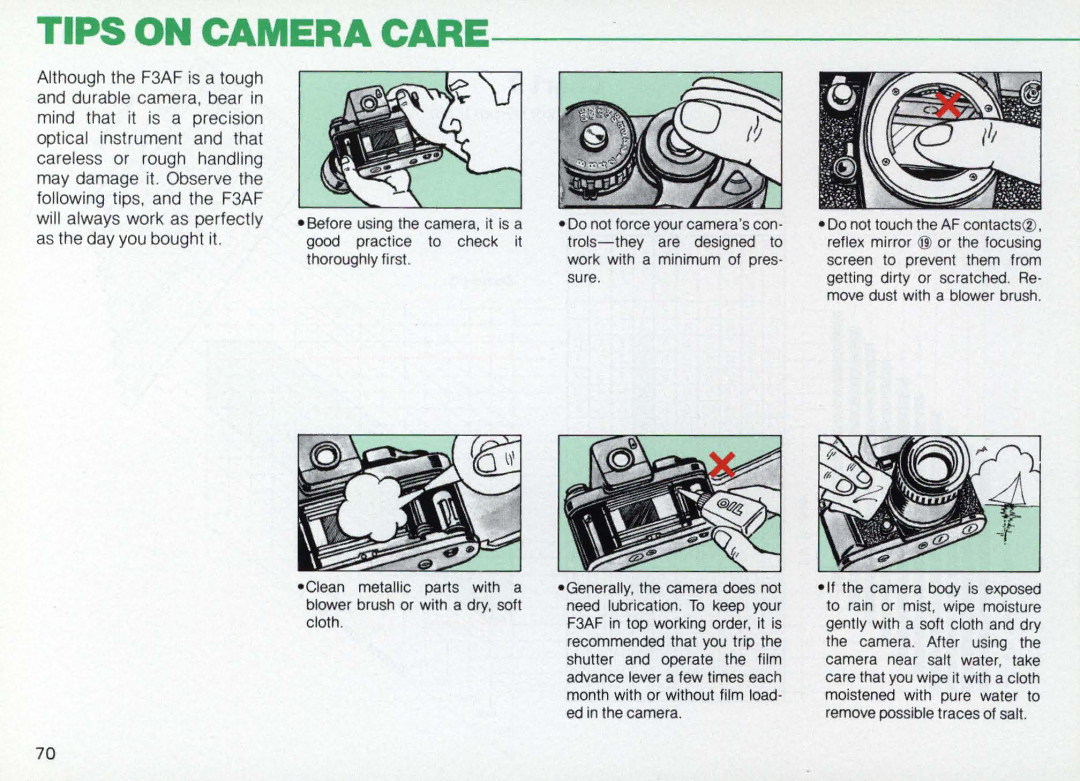 Nikon F3AF instruction manual Tips on Camera Care 