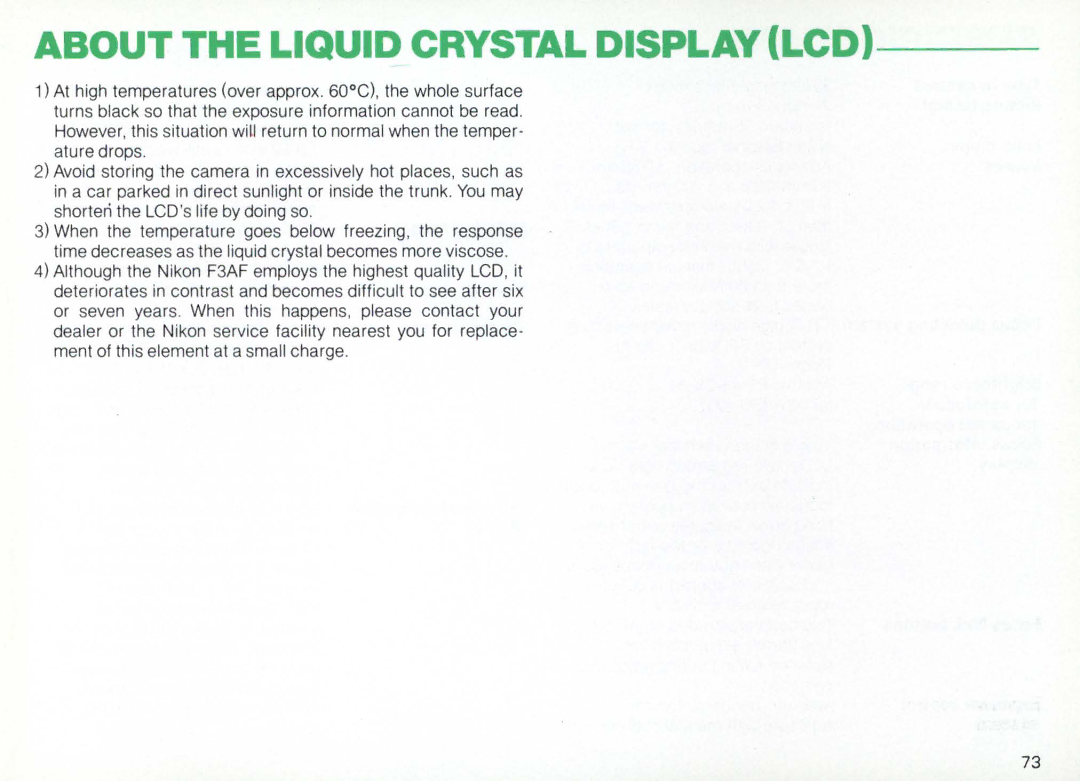 Nikon F3AF instruction manual About the Liquid Crystal Display LCD 