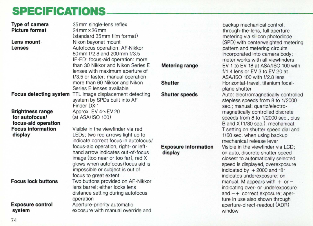 Nikon F3AF instruction manual Specifications 