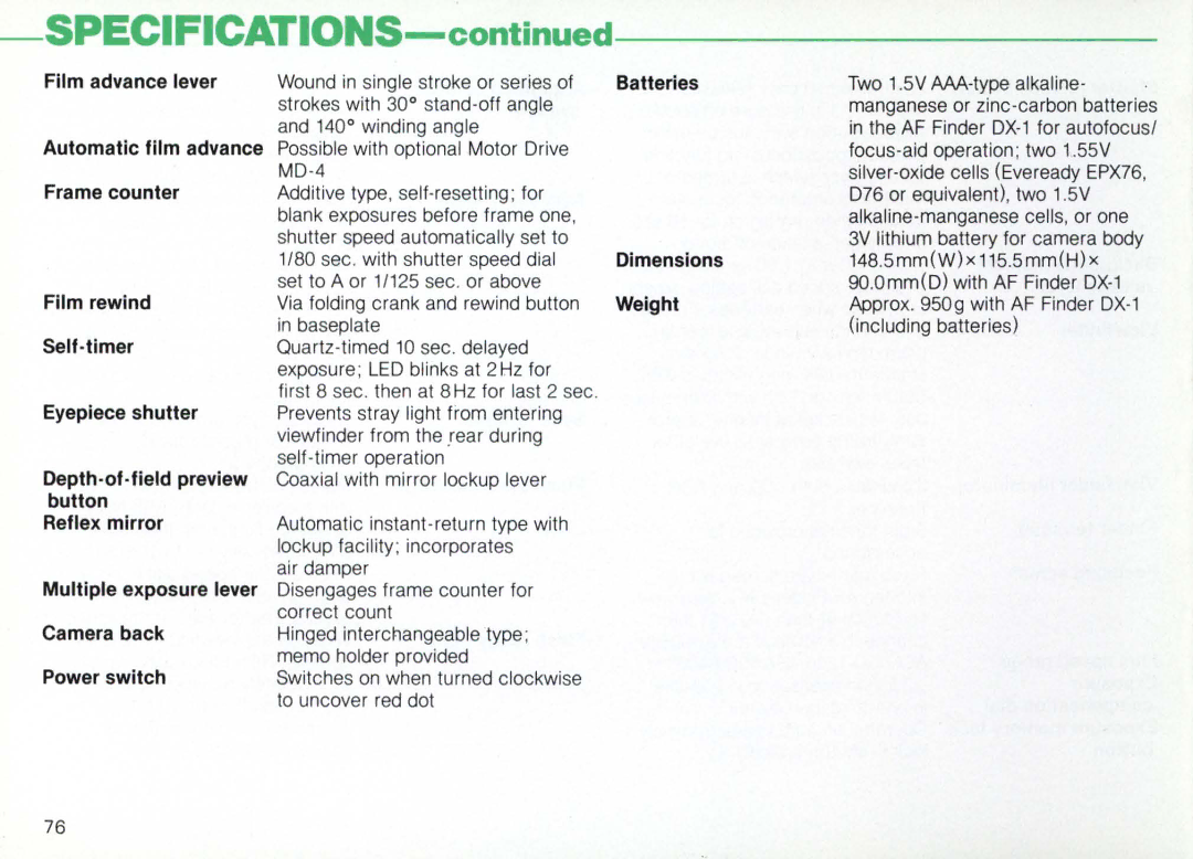 Nikon F3AF instruction manual Specifications 