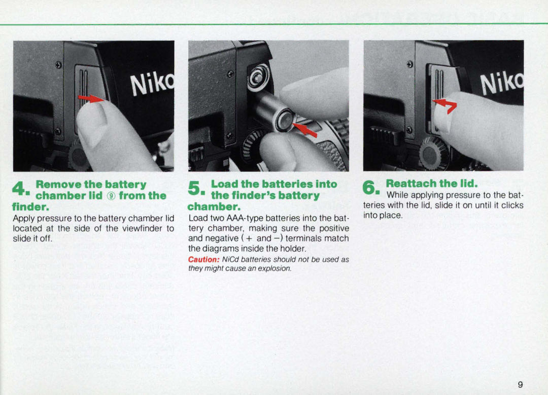 Nikon F3AF Remove the battery Chamber lid from the finder, Load the batteries Into Findersbattery chamber 