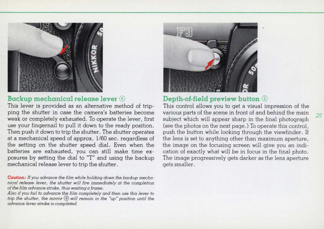 Nikon 1412059, F3HP instruction manual Backup mechanical release lever, Depth-of-field preview button CD 