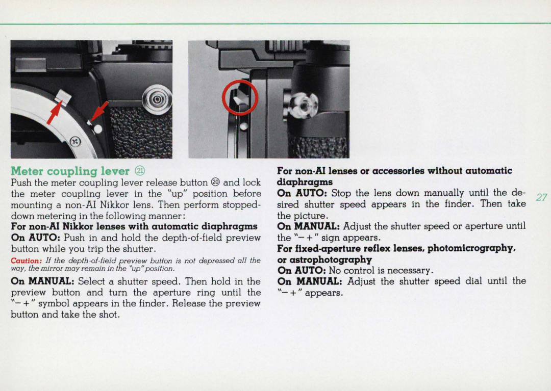 Nikon 1412059, F3HP instruction manual Meter coupling lever, For non-AI Nikkor lenses with automatic diaphragms 