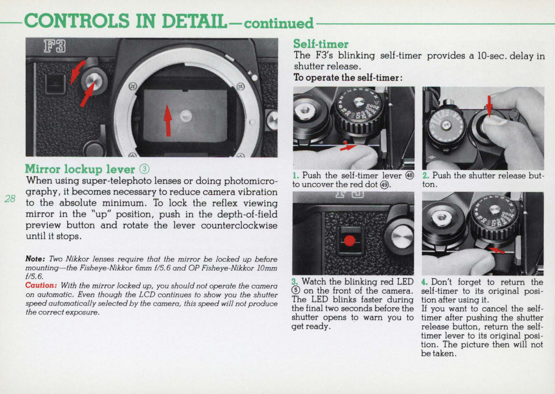 Nikon F3HP, 1412059 instruction manual Mirror lockup lever, Self-timer 