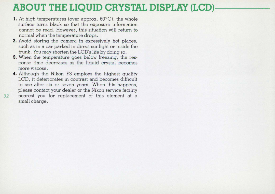 Nikon F3HP, 1412059 instruction manual About the Liquid Crystal Display LCD 