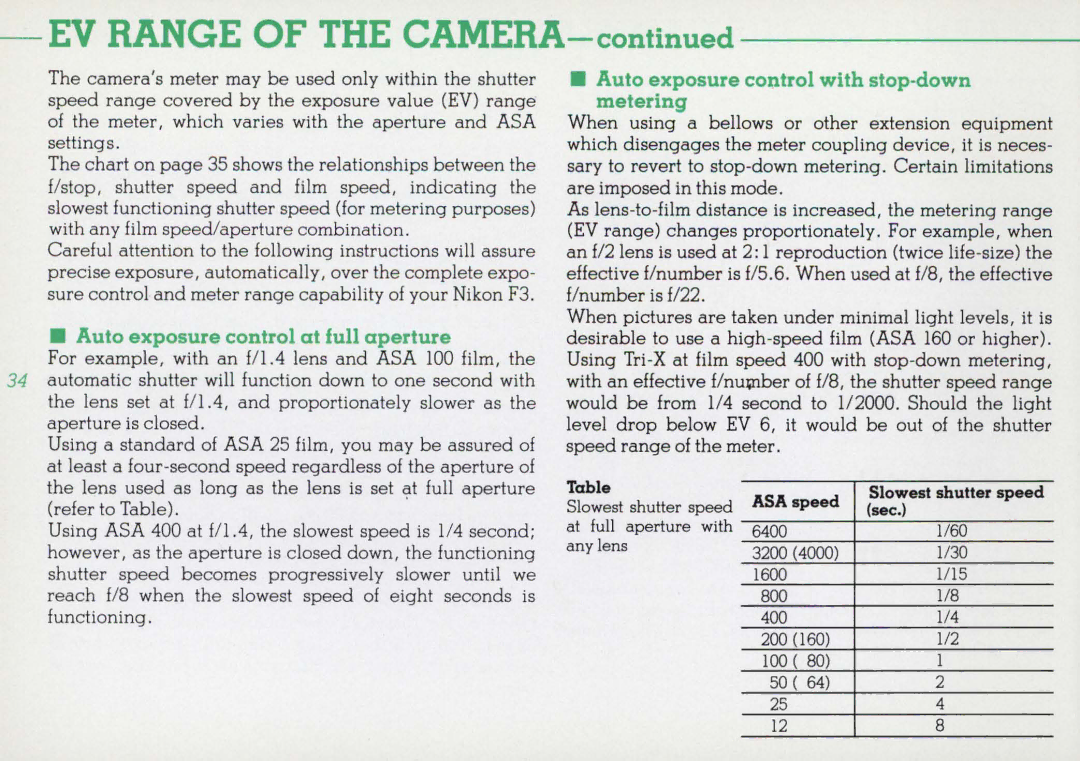 Nikon F3HP, 1412059 instruction manual EV Range of the Camera 