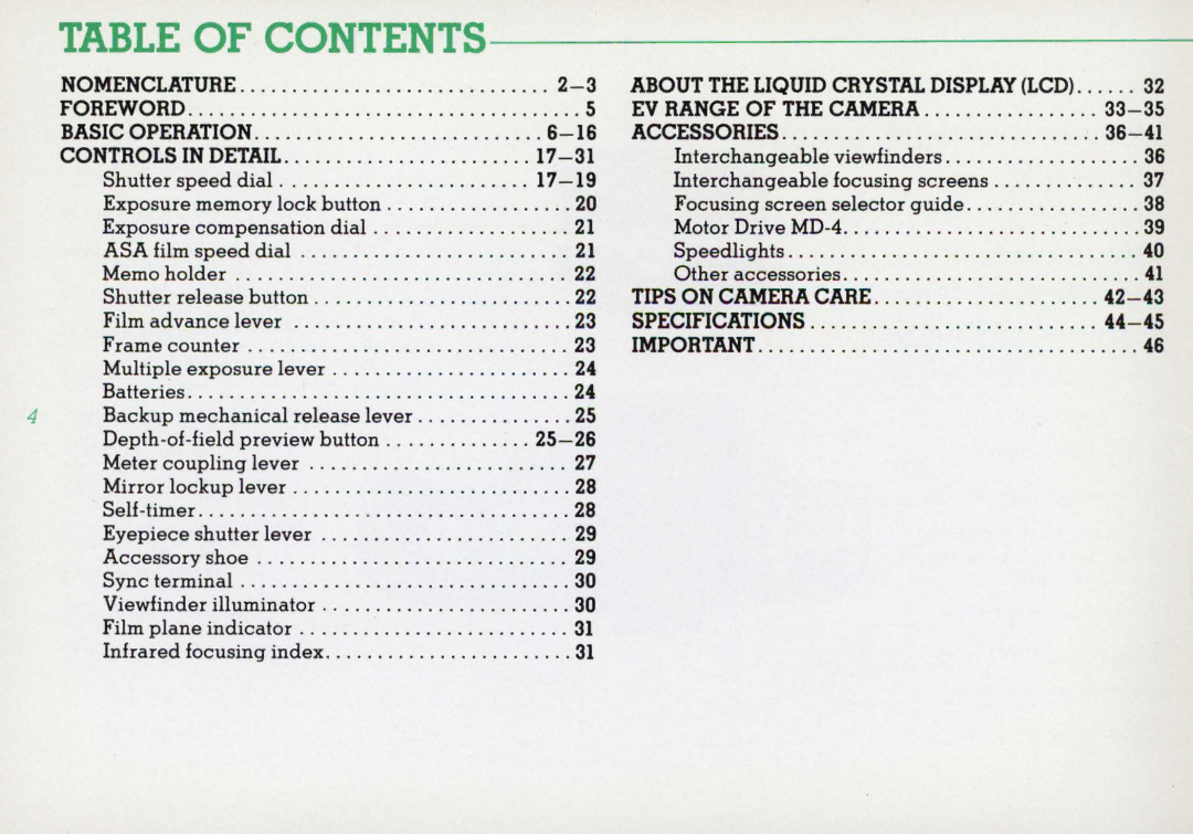 Nikon F3HP, 1412059 instruction manual Table of Contents 