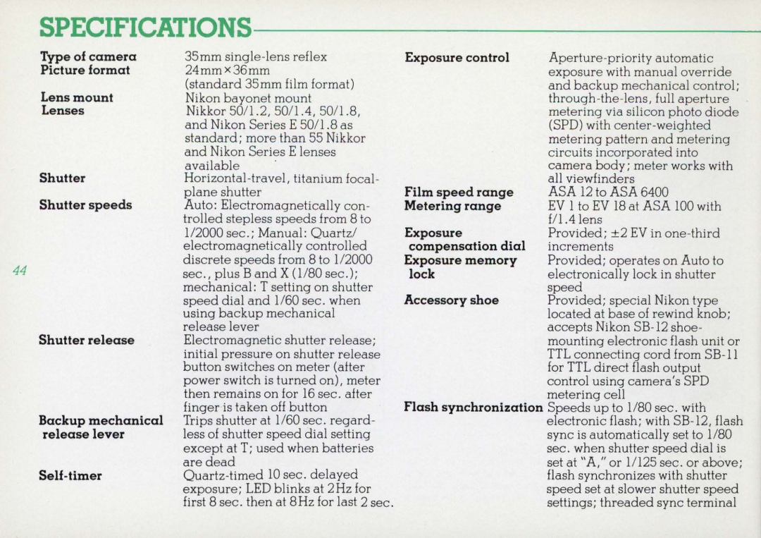 Nikon F3HP, 1412059 instruction manual Specifications 