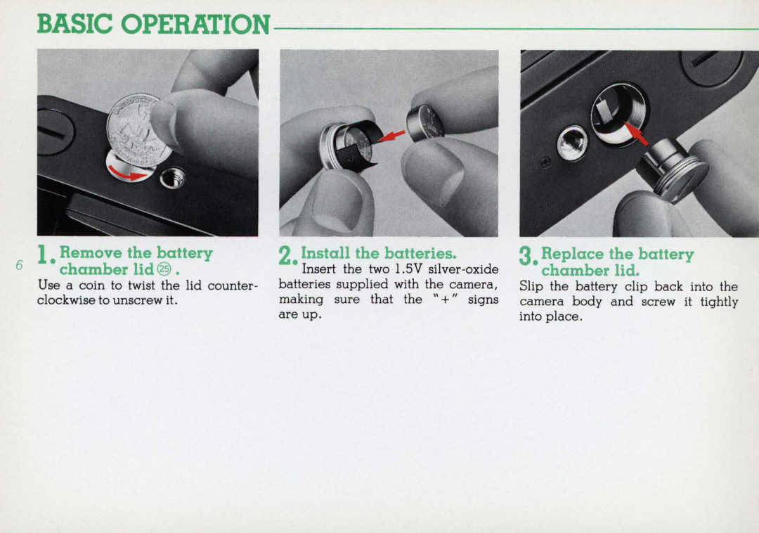 Nikon F3HP, 1412059 Remove the battery Chamber lid @, Install the batteries, Replace the battery Chamber lid 