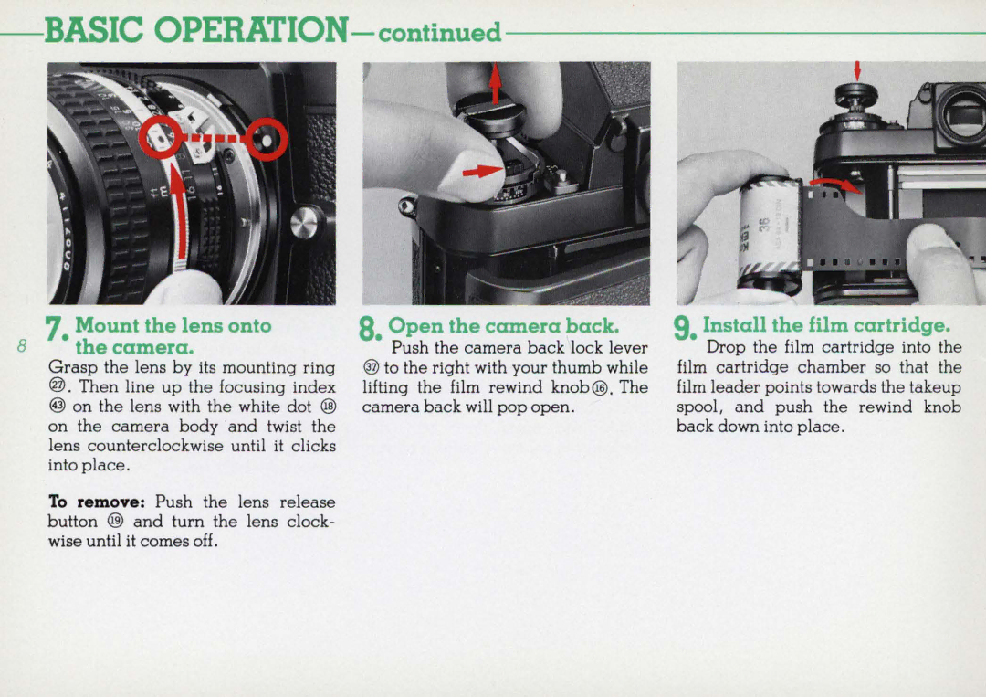 Nikon F3HP, 1412059 instruction manual Mount the lens onto Camera, Open the camera back, Install the film cartridge 