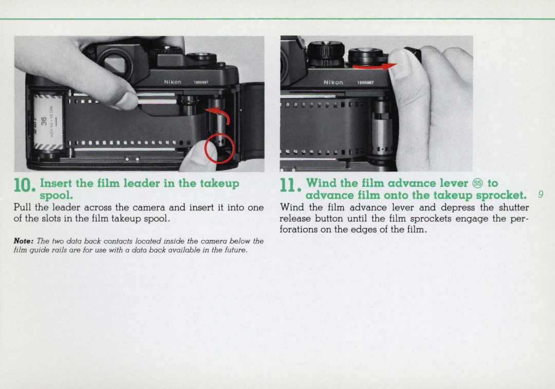 Nikon 1412059, F3HP instruction manual Insert the film leader in the takeup spool 