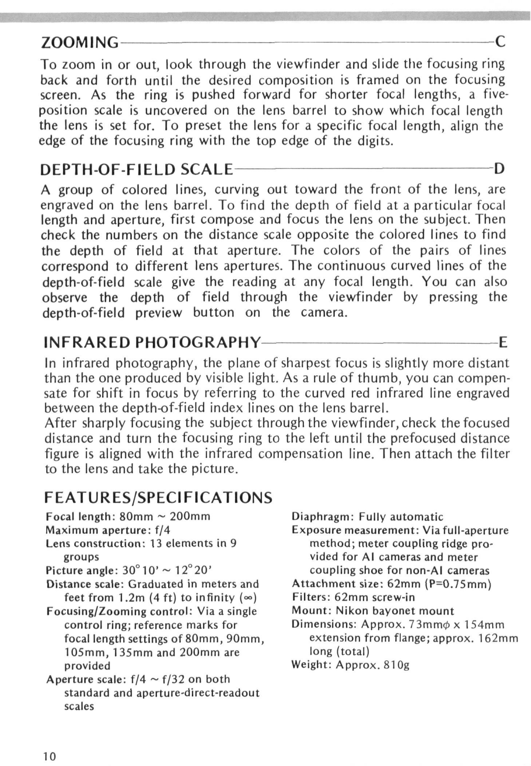 Nikon F/4 instruction manual DEPTH-OF-FIELD Scale, Infrared Photography, Features/Specifications 