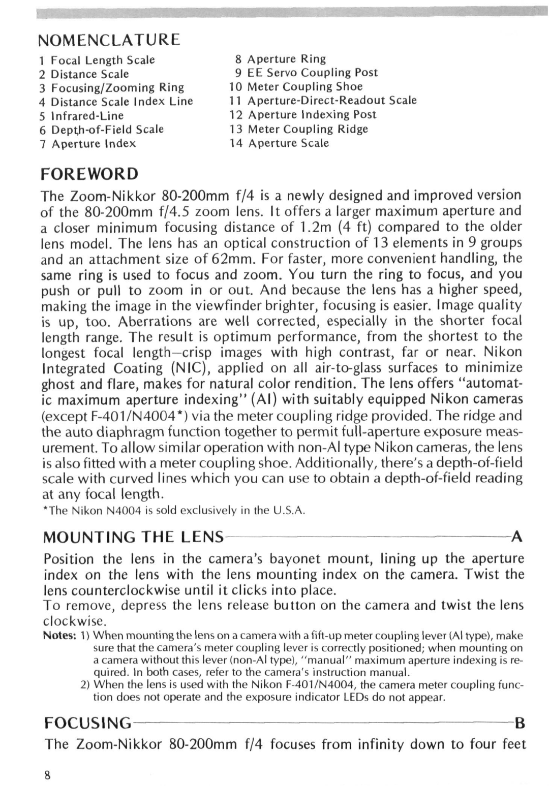 Nikon F/4 instruction manual M E N C L a T U RE, Foreword, Mounting the L E N S, Focusingb 