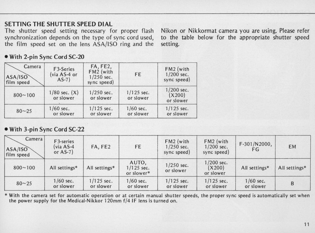 Nikon F/41F instruction manual Setting the Shutter Speed Dial, With 3-pin Sync Cord SC-22 