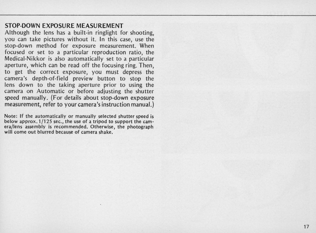 Nikon F/41F instruction manual STOP-DOWN Exposure Measurement 