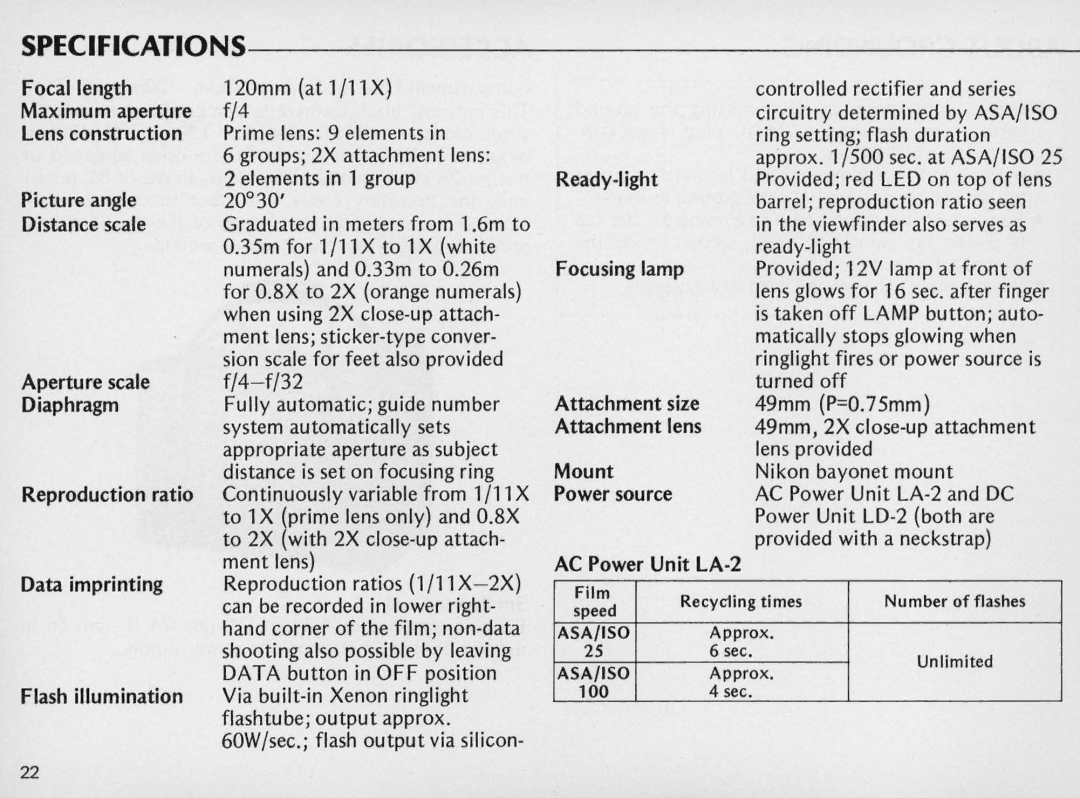 Nikon F/41F instruction manual Specifications 