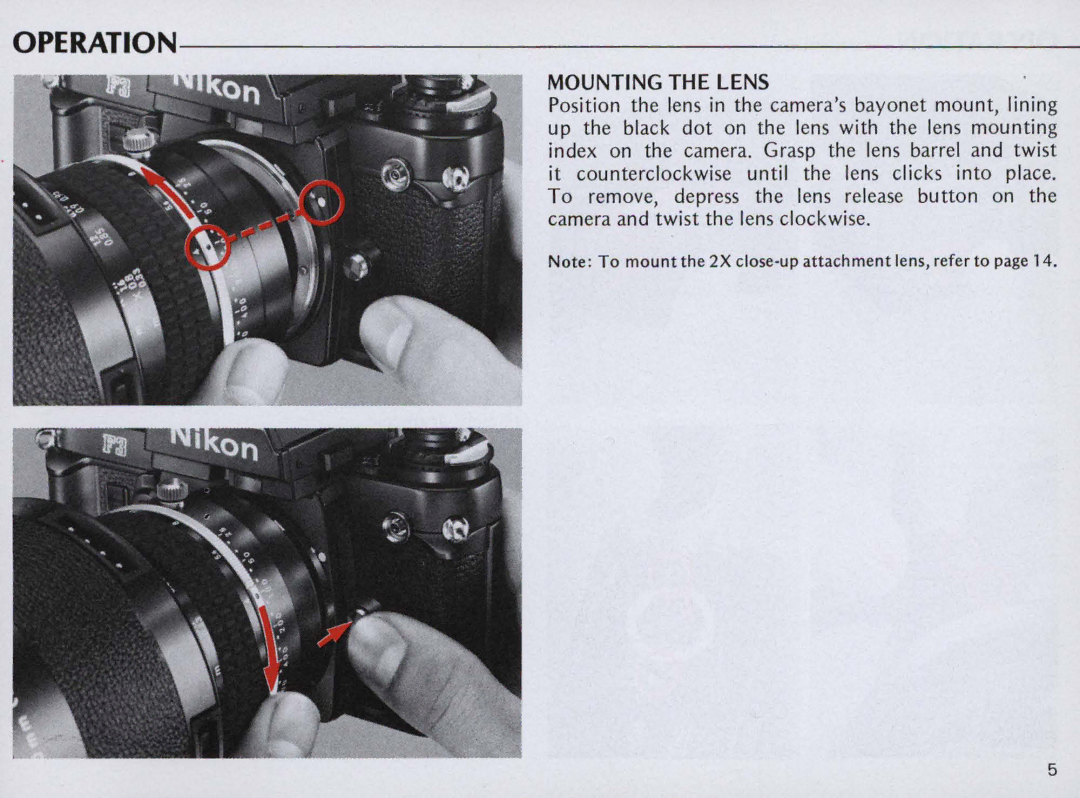 Nikon F/41F instruction manual Operation, Mounting the Lens 