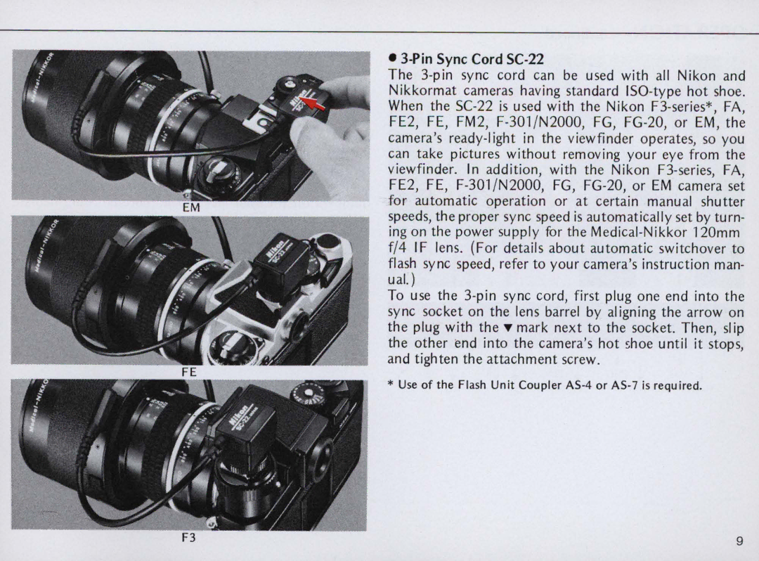 Nikon F/41F instruction manual Use of the Flash Unit Coupler AS -4 or AS -7 is required 