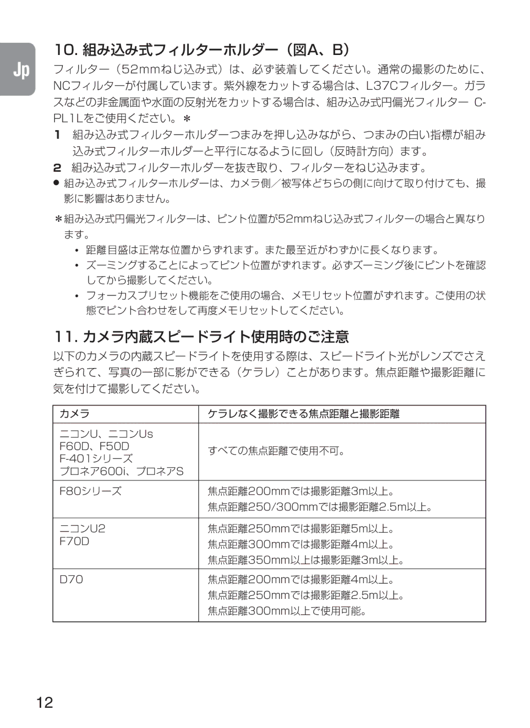 Nikon f/4G IF instruction manual 10. 組み込み式フィルターホルダー（図A、B） 