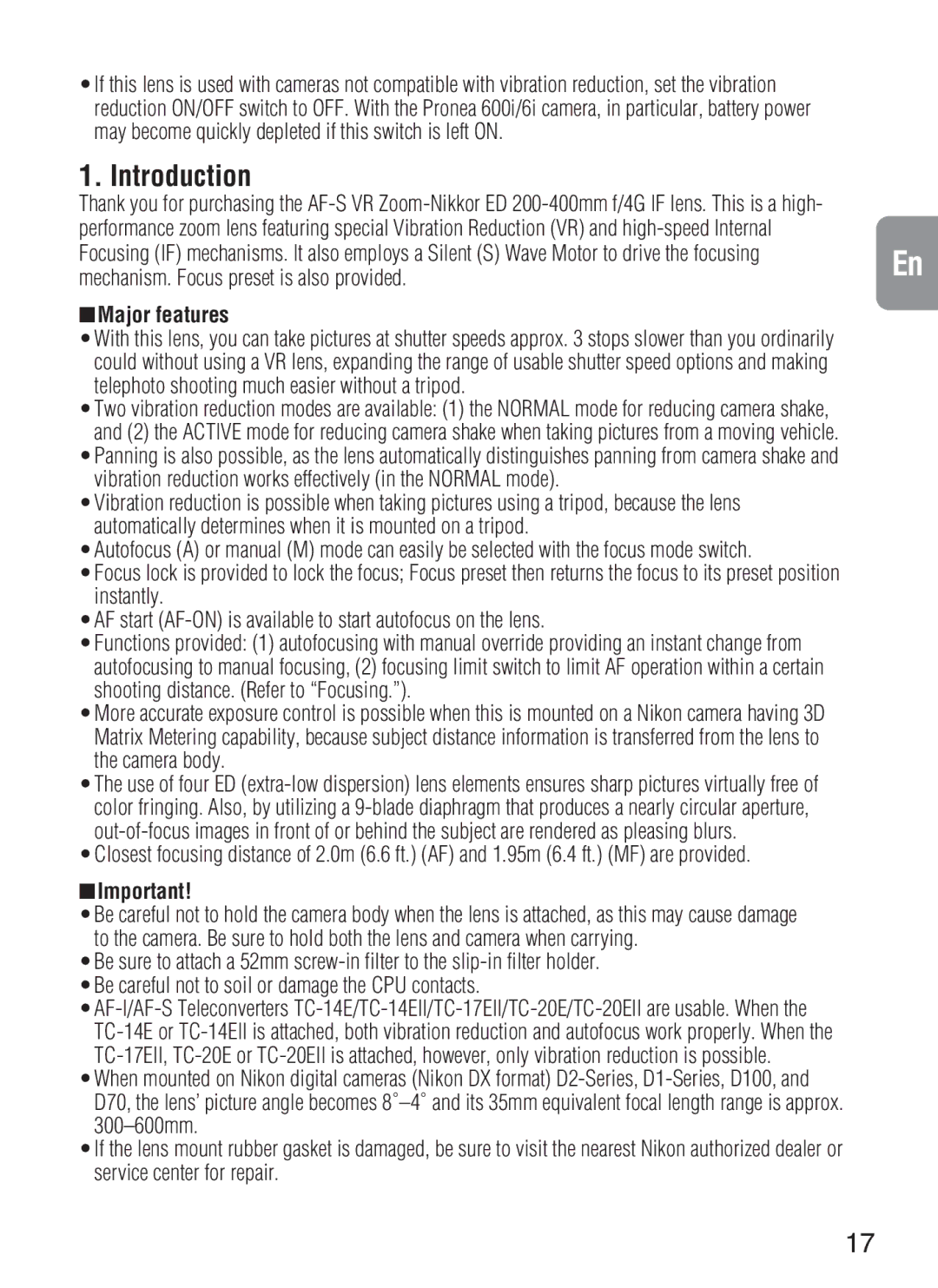 Nikon f/4G IF instruction manual Introduction, Major features 