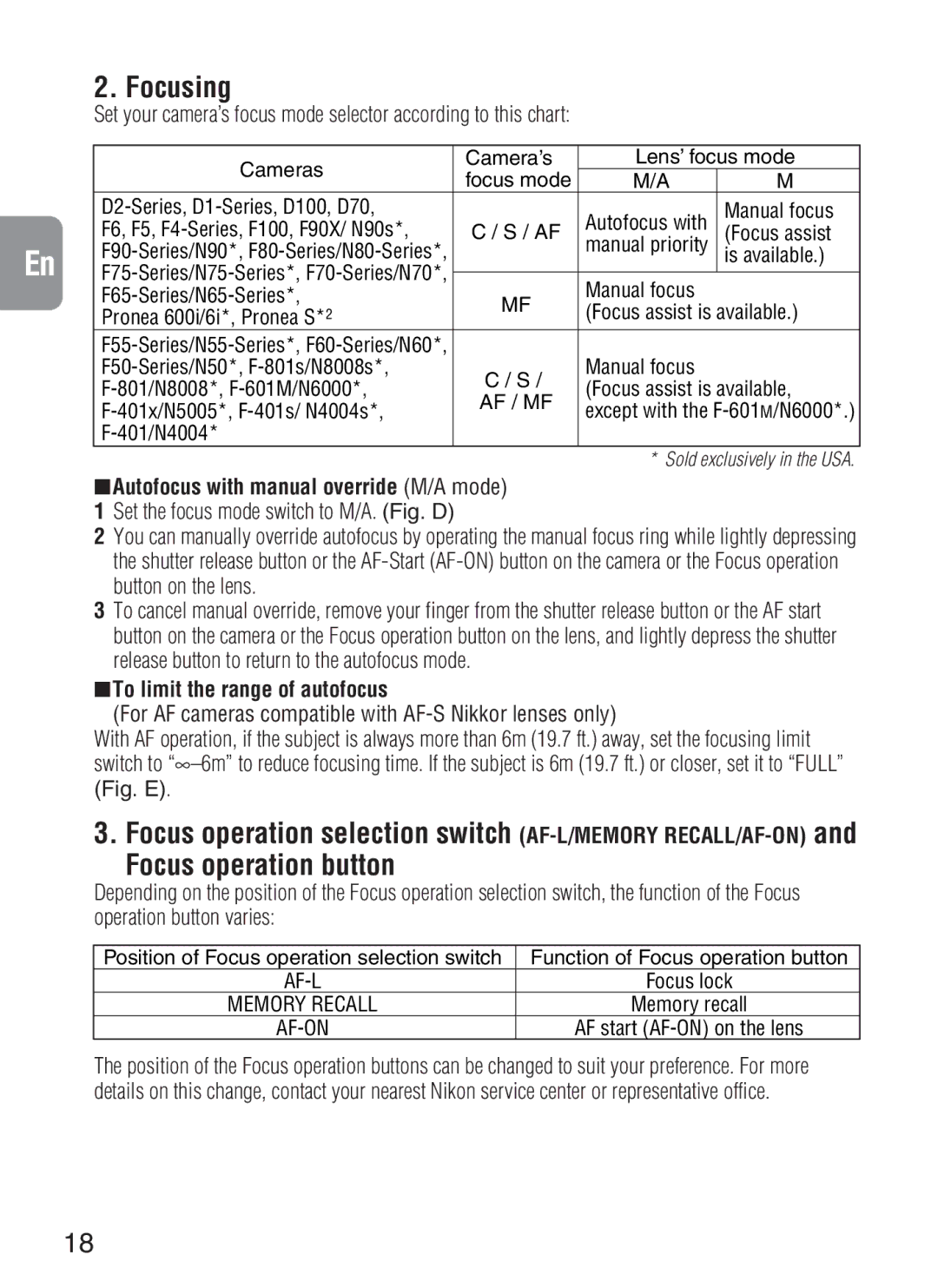 Nikon f/4G IF instruction manual Focusing, Autofocus with manual override M/A mode, To limit the range of autofocus 