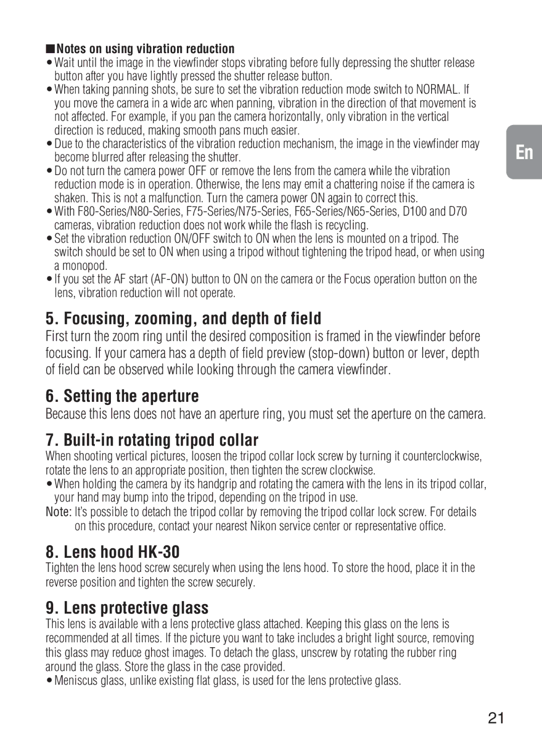 Nikon f/4G IF Focusing, zooming, and depth of field, Setting the aperture, Built-in rotating tripod collar 