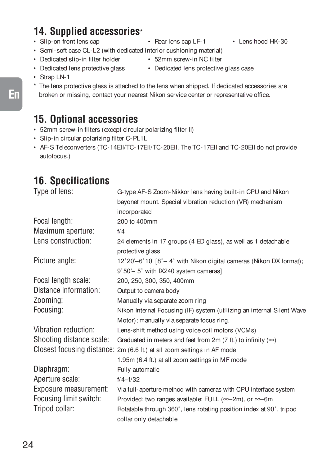 Nikon f/4G IF instruction manual Supplied accessories, Optional accessories, Specifications 