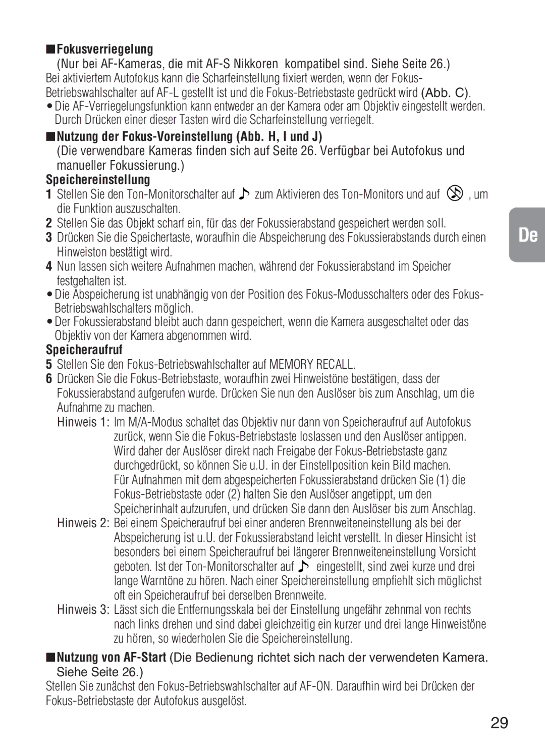 Nikon f/4G IF Fokusverriegelung, Nutzung der Fokus-Voreinstellung Abb. H, I und J, Speichereinstellung, Speicheraufruf 