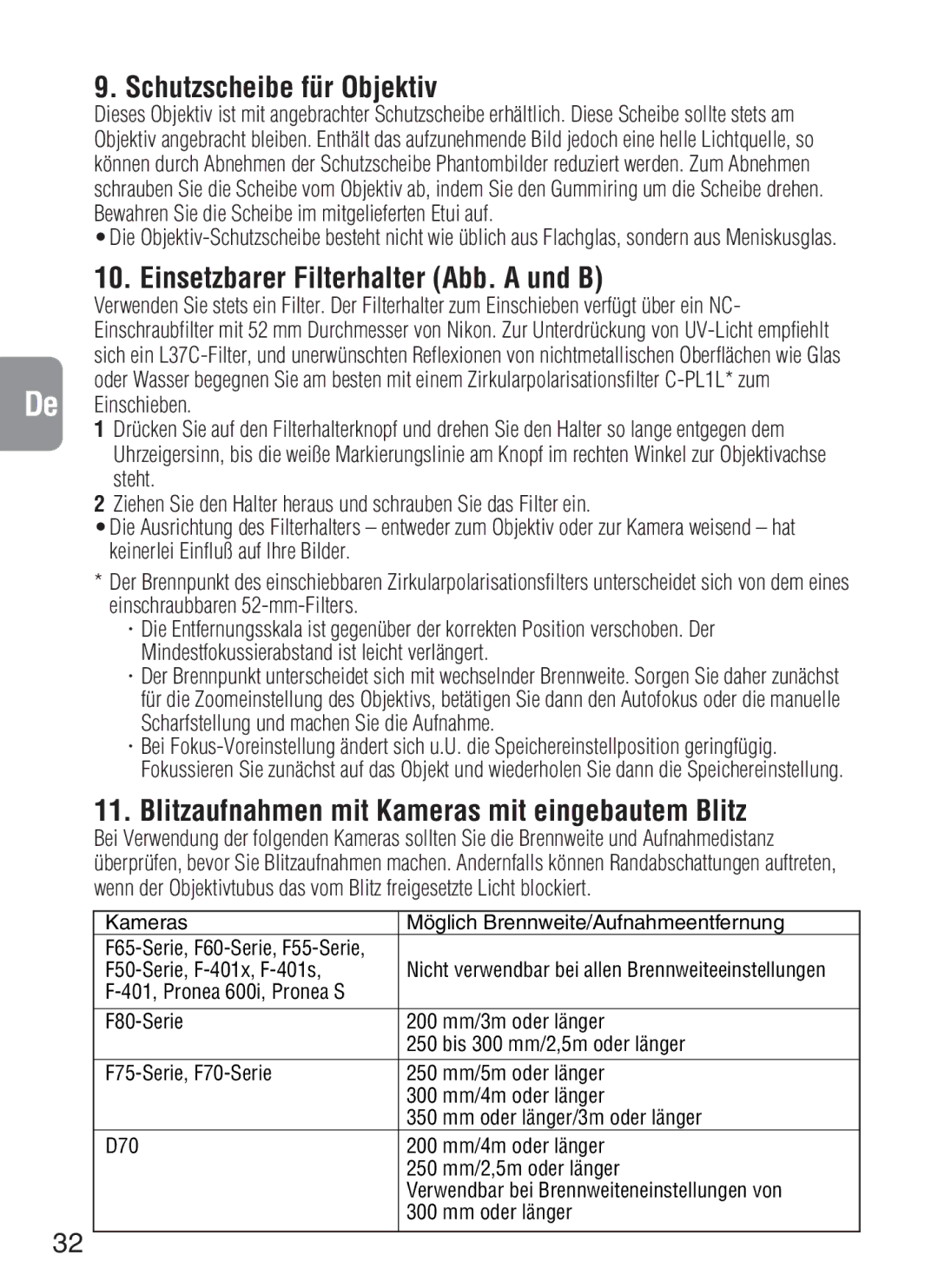 Nikon f/4G IF instruction manual Schutzscheibe für Objektiv, Einsetzbarer Filterhalter Abb. a und B 