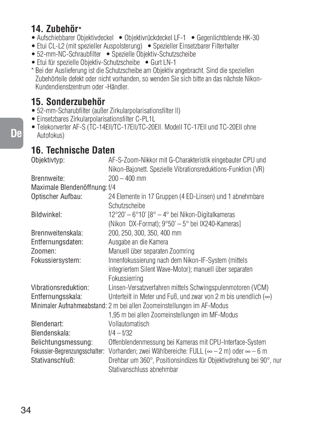 Nikon f/4G IF instruction manual Zubehör, Sonderzubehör, Technische Daten 