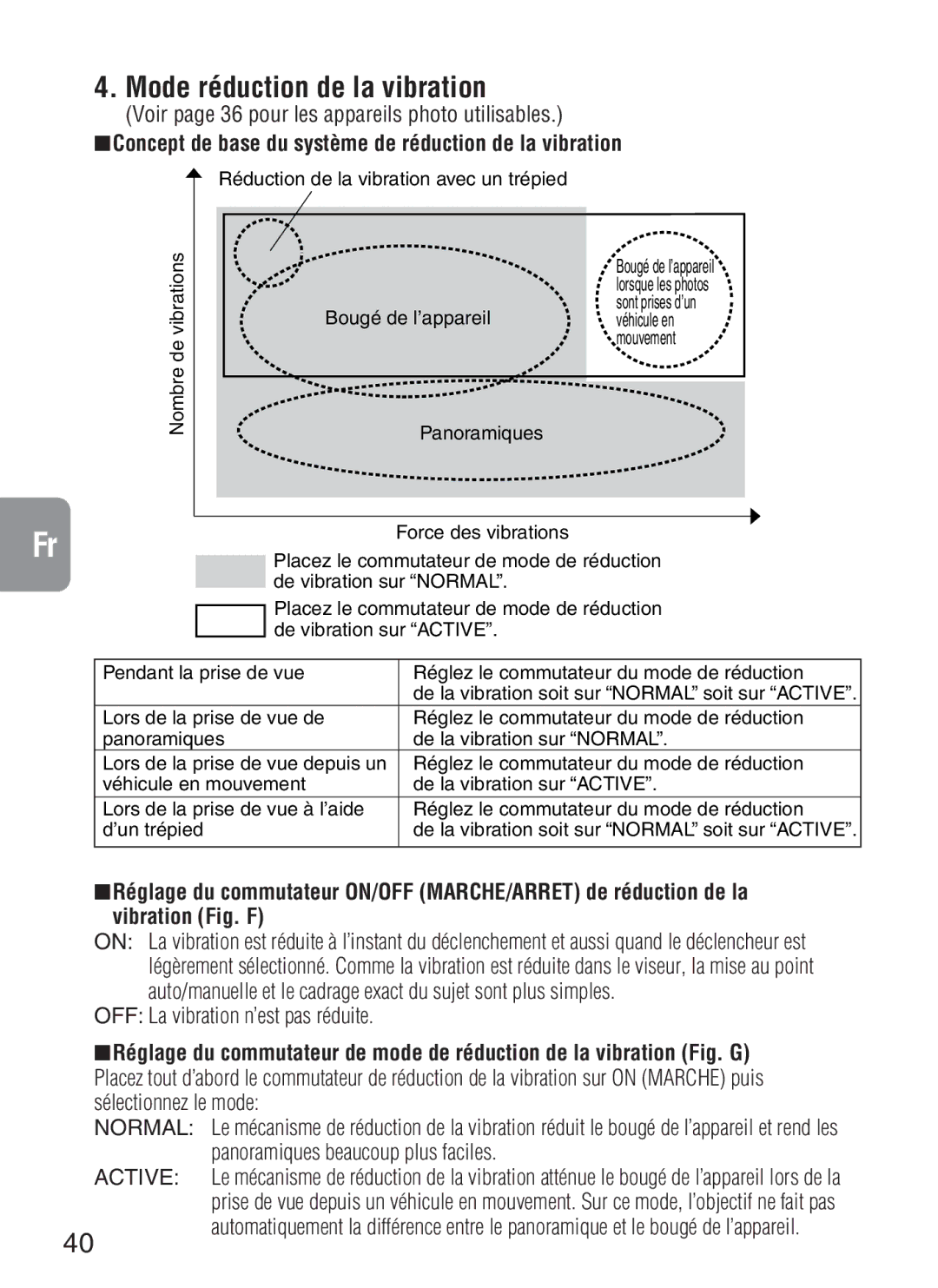 Nikon f/4G IF instruction manual Mode réduction de la vibration, Voir page 36 pour les appareils photo utilisables 