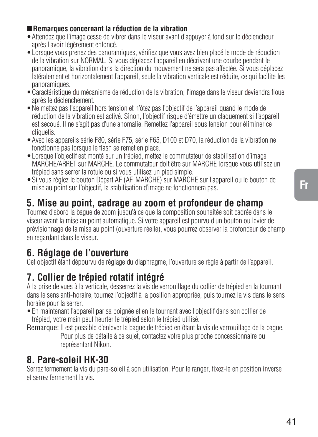 Nikon f/4G IF instruction manual Réglage de l’ouverture, Collier de trépied rotatif intégré, Pare-soleil HK-30 